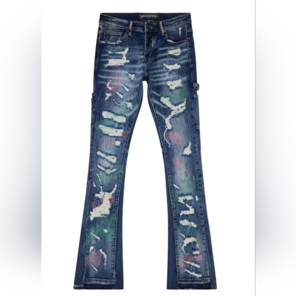 Valabasas Zero Dark Blue Wash Stacked Flare Jean Sz 36 NWT